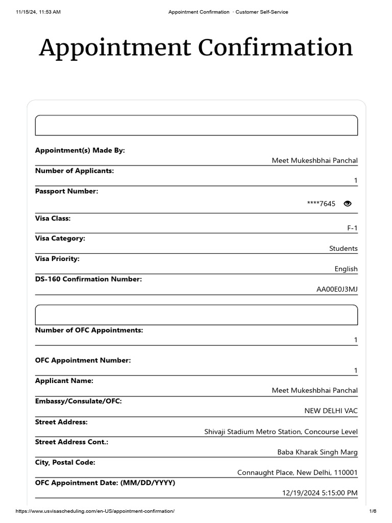 U.S. Visa Appointment Confirmation Details | PDF | Travel Visa | Usb ...