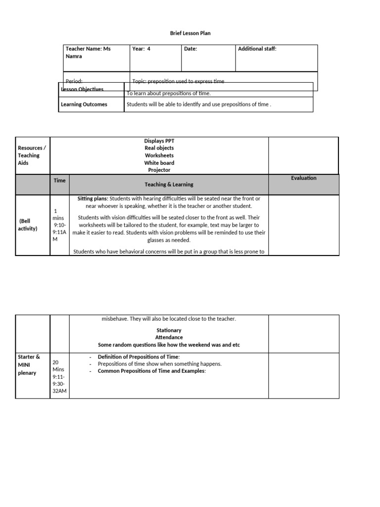 Prepositions of Time Lesson Plan | PDF | Learning | Teachers