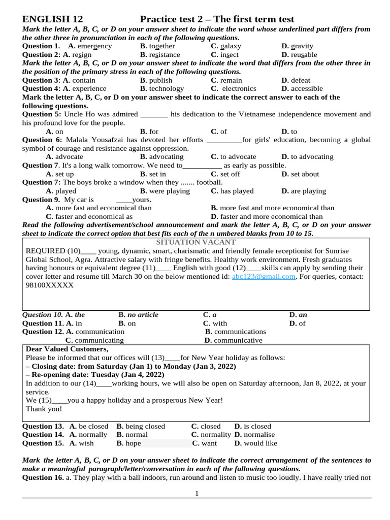 Grade 12 Practice Test 2 (First Term) | PDF | International Red Cross ...