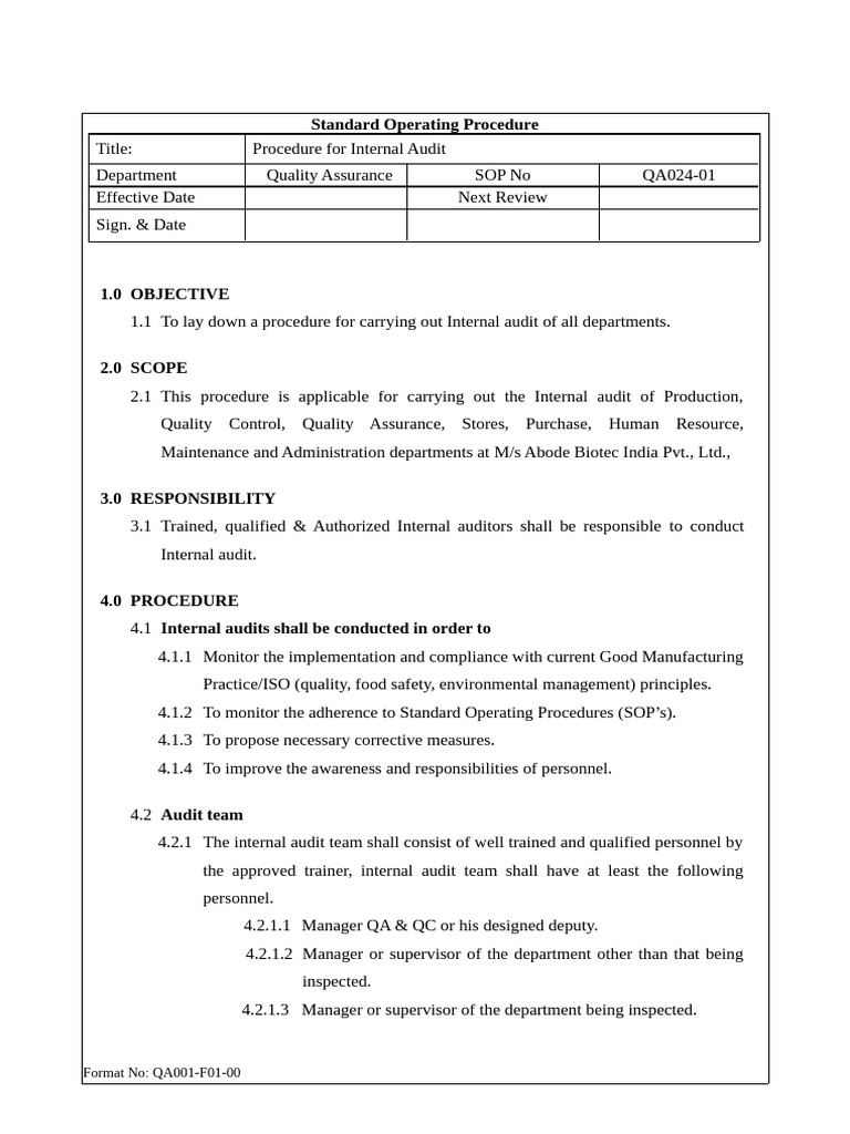 Internal Audit Procedure SOP QA024-01 | PDF | Audit | Quality Assurance