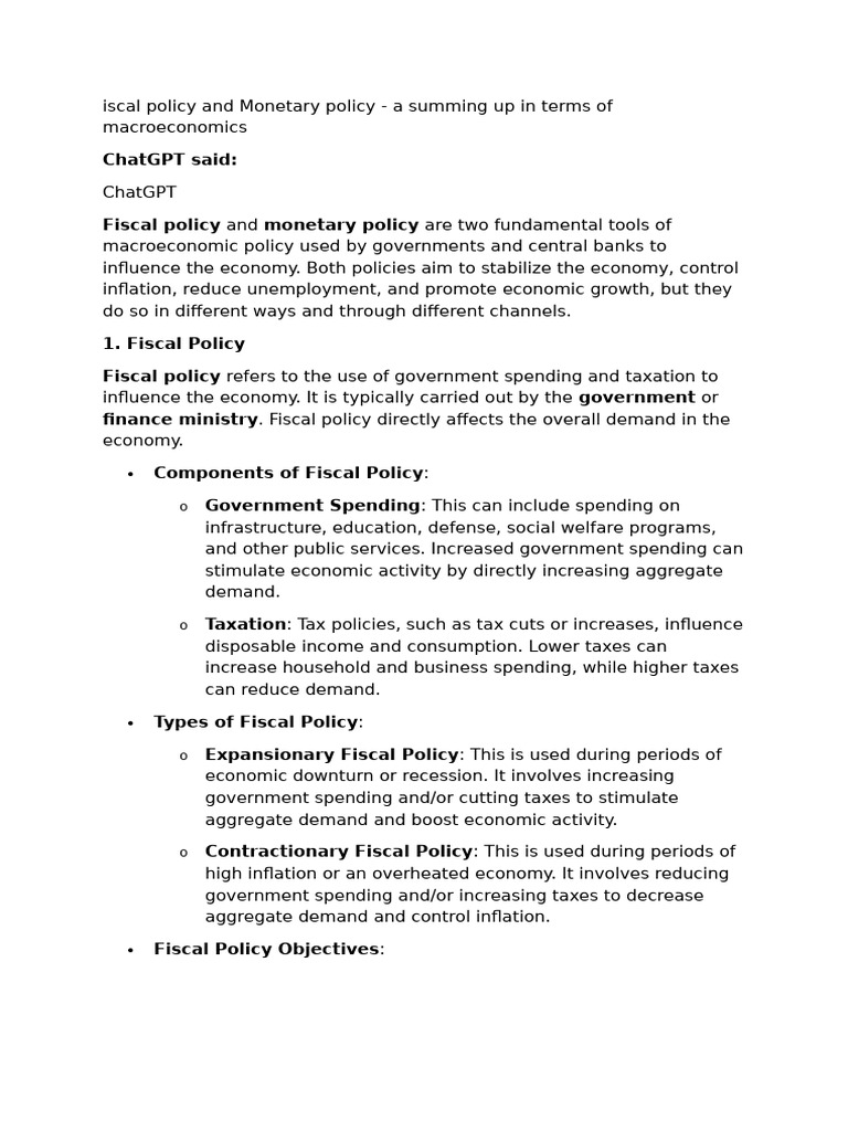 Fiscal vs. Monetary Policy Explained | PDF | Fiscal Policy | Monetary ...