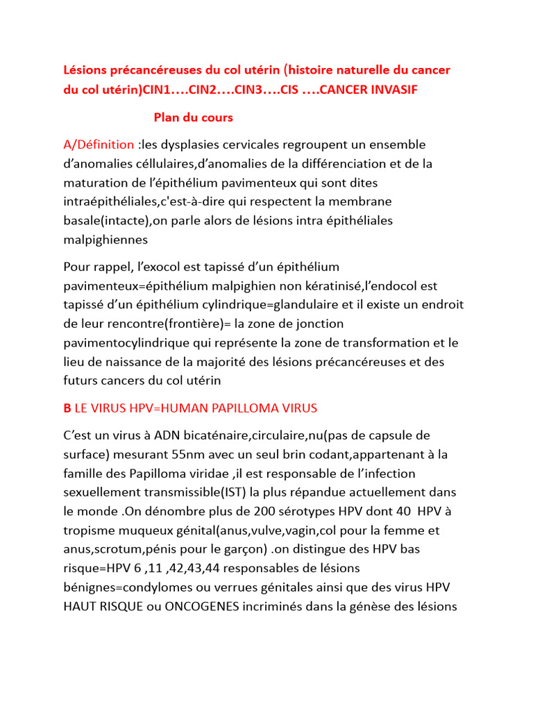 Lésions précancéreuses du col utérin | PDF | Cancer du col utérin | Cancer