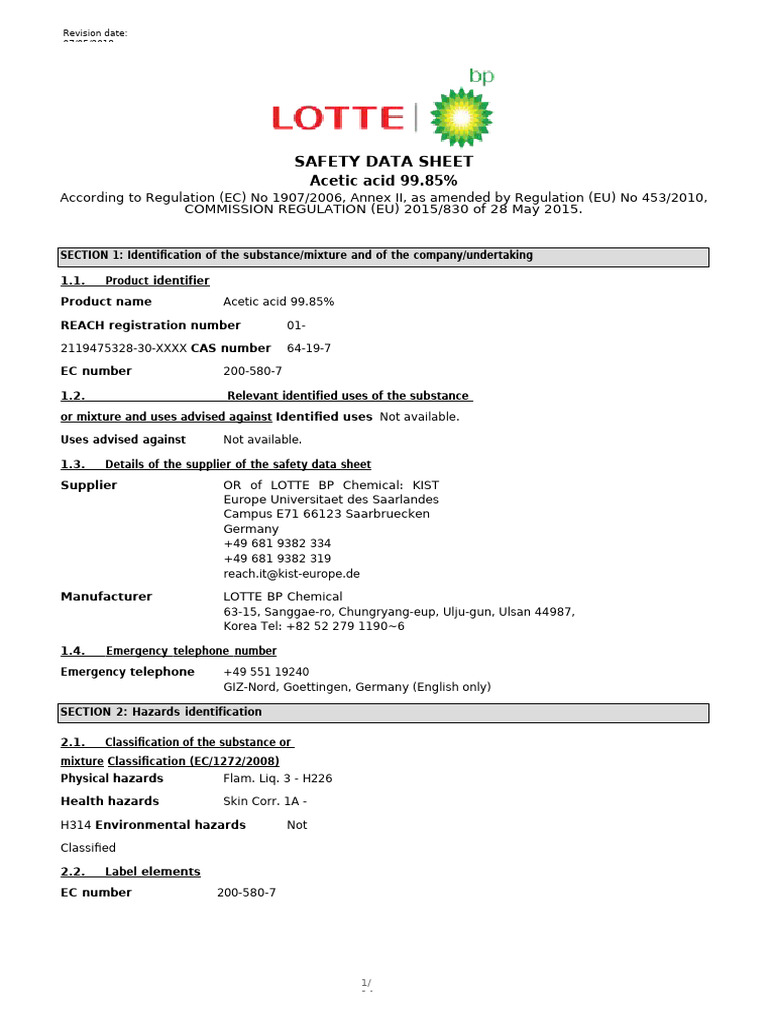 Acetic Acid 99.85% Safety Data Sheet | PDF | Toxicity | Dangerous Goods