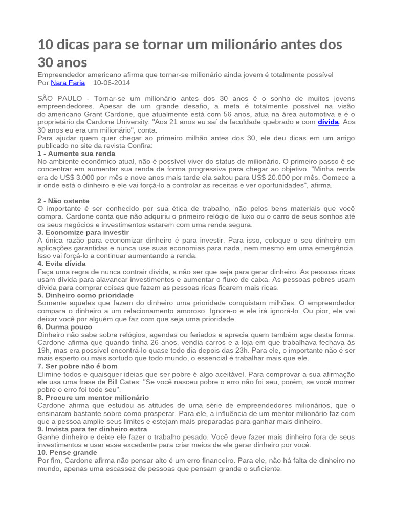 Dicas para ser milionário antes dos 30 | PDF | Dinheiro | Empreendedorismo