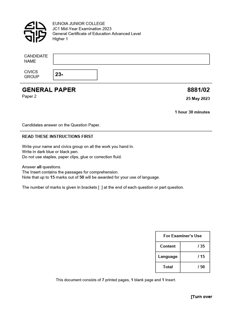 JC1 General Paper Exam 8881/02 | PDF | Human Communication