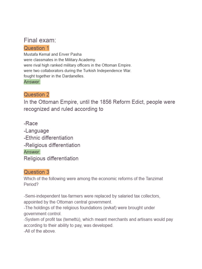 Ottoman Empire Final Exam Questions | PDF | Ottoman Empire | Mustafa ...