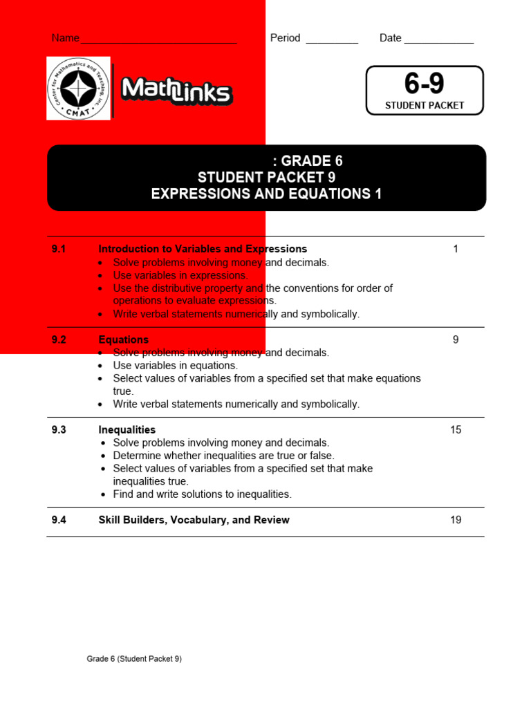 Grade 6 Chapter 9 Expressions and Equations | PDF | Hamburgers | Equations