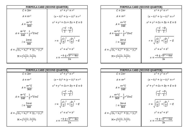 Formula Card Second Quarte | PDF