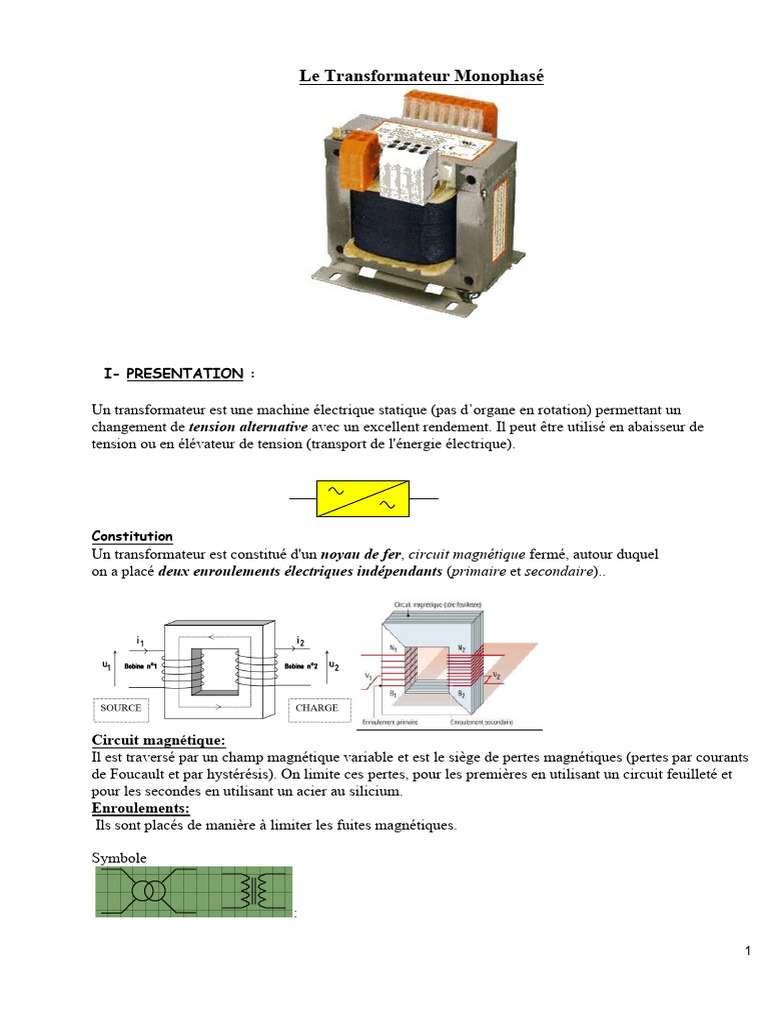Transformateur Monophasé: Fonctionnement et Types | PDF ...