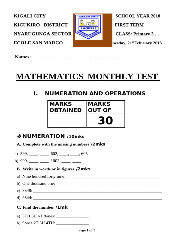 P3 Mathematics Test - Uganda 2018 | PDF