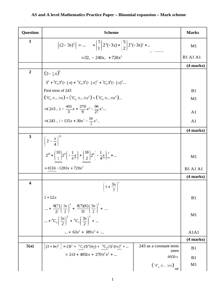 AS/A Level Math Binomial Expansion Mark Scheme | PDF | Mathematics ...