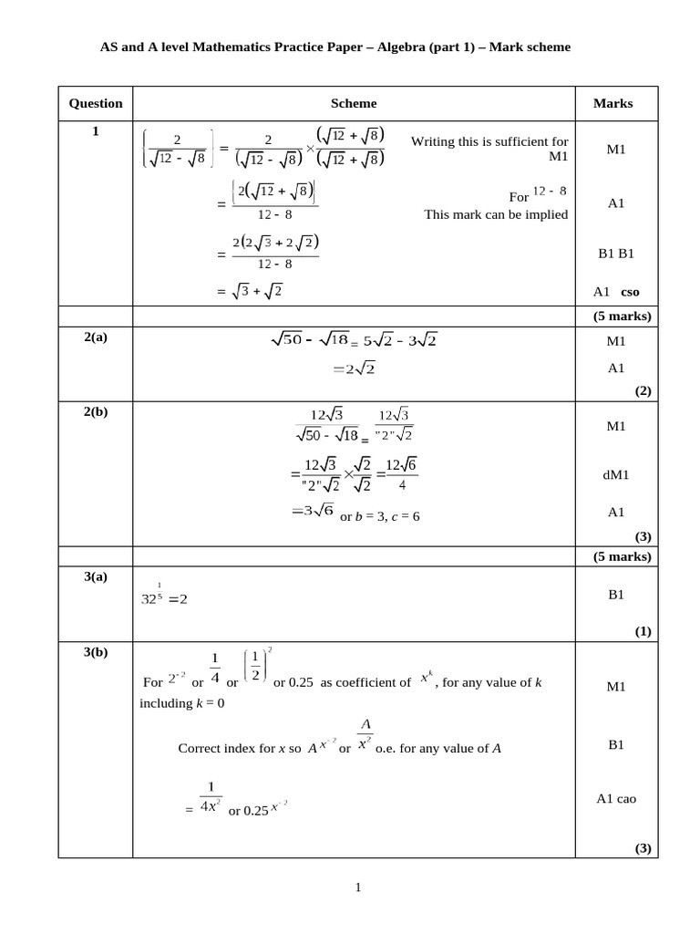 AS Mathematics - Practice Paper - Algebra (Part 1) MS | PDF ...