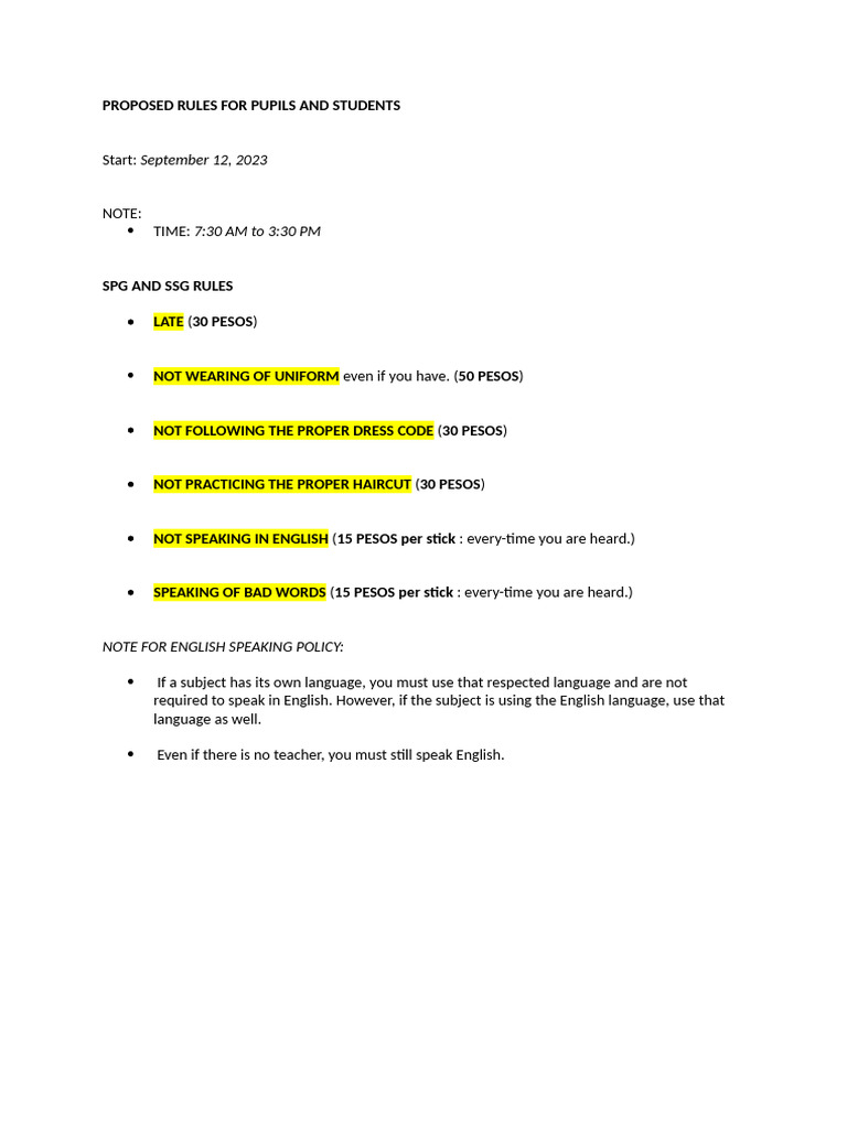 Proposed Rules for Pupils and Students | PDF