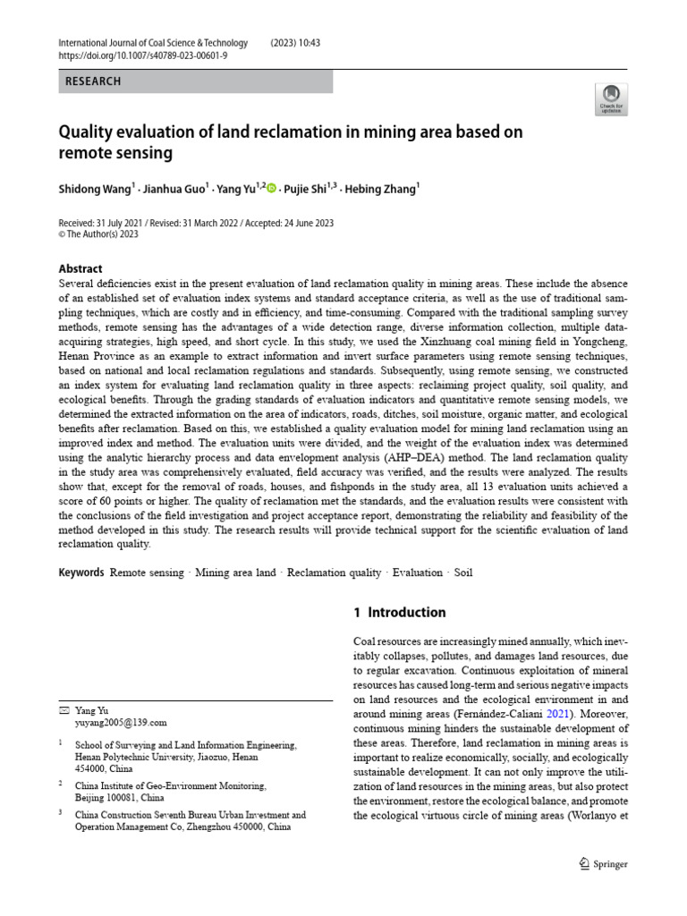 Remote Sensing for Mining Land Reclamation | PDF | Soil | Evaluation
