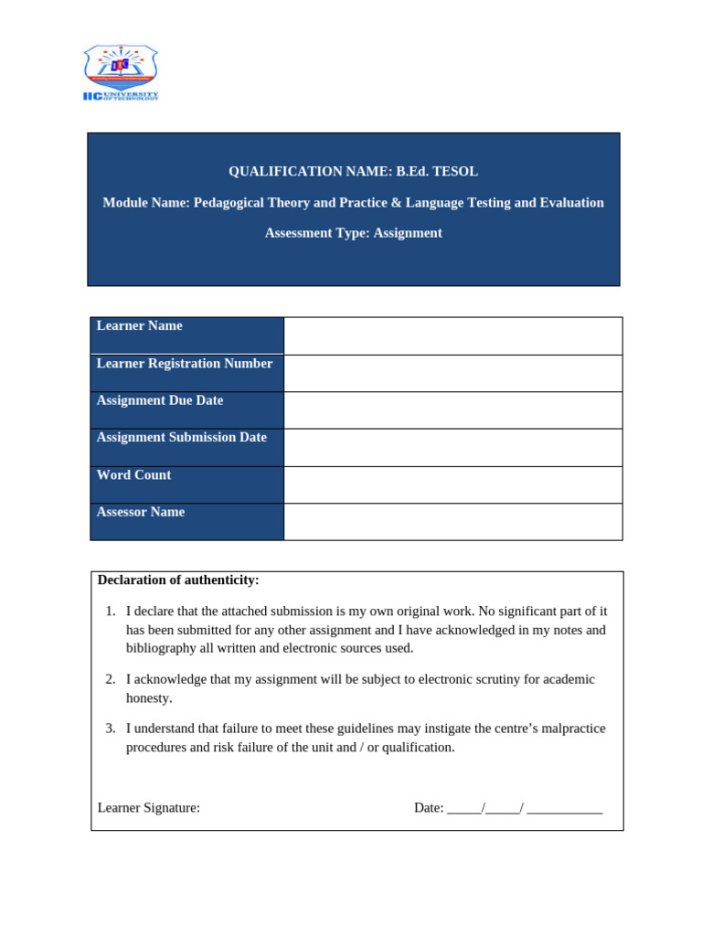 B.Ed. TESOL Assignment Guidelines | PDF
