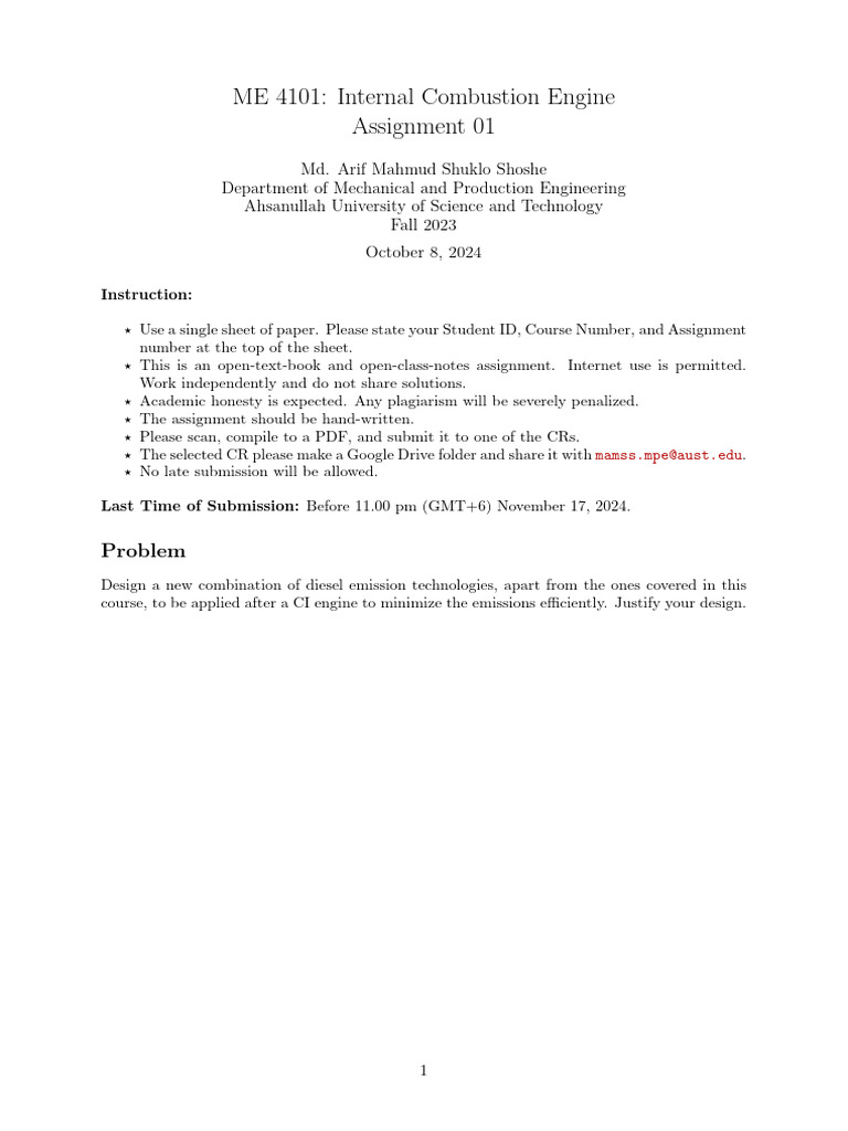 Diesel Emission Design Assignment ME 4101 | PDF