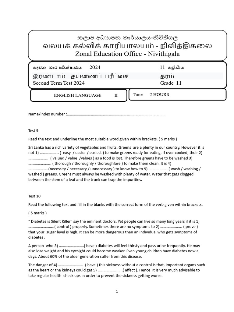 English - Grade 11 - Second Term Test 2024 - Paper 11 - Nivithigala ...