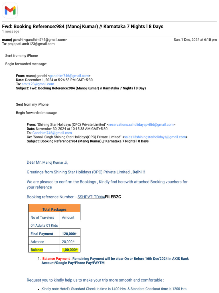 Karnataka 7 Nights Booking Confirmation | PDF