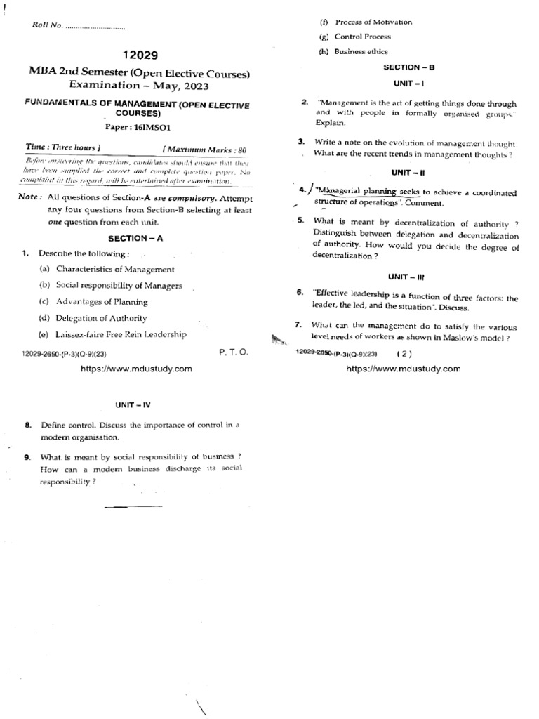 Mba 2 Sem Fundamentals of Management 12029 May 2023 | PDF