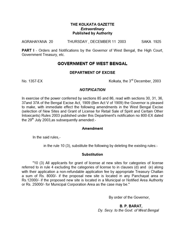 West Bengal Excise License Fee Update | PDF