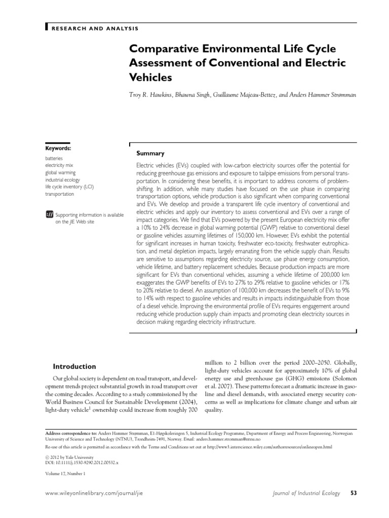 Life Cycle Assessment of EVs vs. Conventional Vehicles | PDF | Electric ...