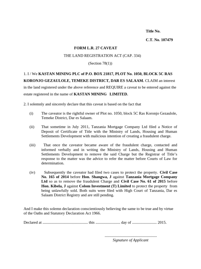 Caveat Application for Land Dispute | PDF | Civil Law (Common Law ...
