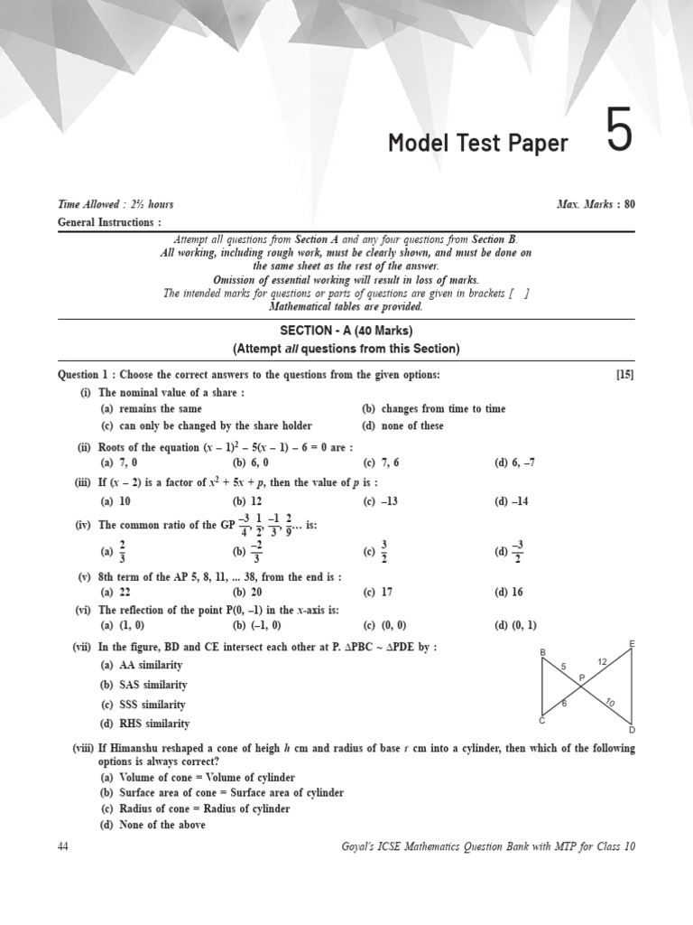 ICSE Class 10 Math Model Test Paper 5 | PDF | Mathematics