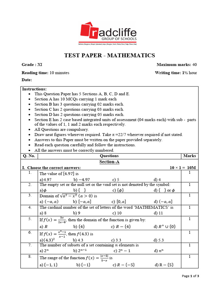 Grade XI Mathematics Test Paper | PDF | Function (Mathematics ...