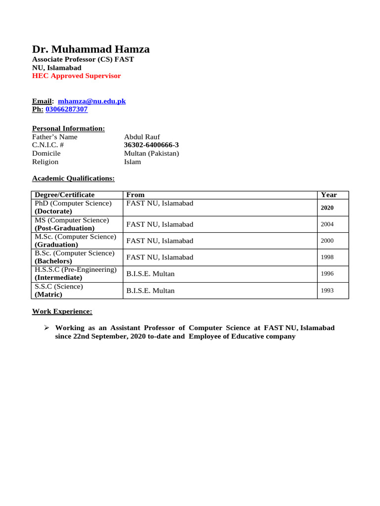 Dr. Muhammad Hamza: CS Academic Profile | PDF | Deep Learning ...