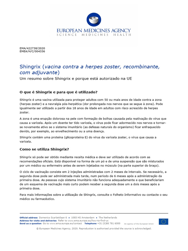 Shingrix Epar Medicine Overview - PT | PDF | Vacinas | Especialidades ...