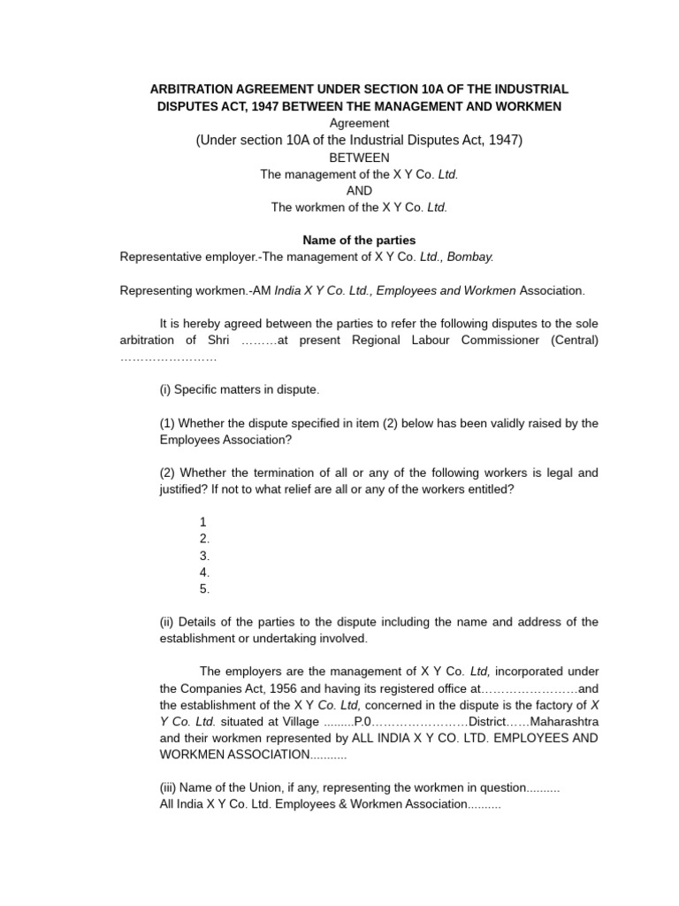 Arbitration Agreement Under Section 10a of The Industrial Disputes Act ...
