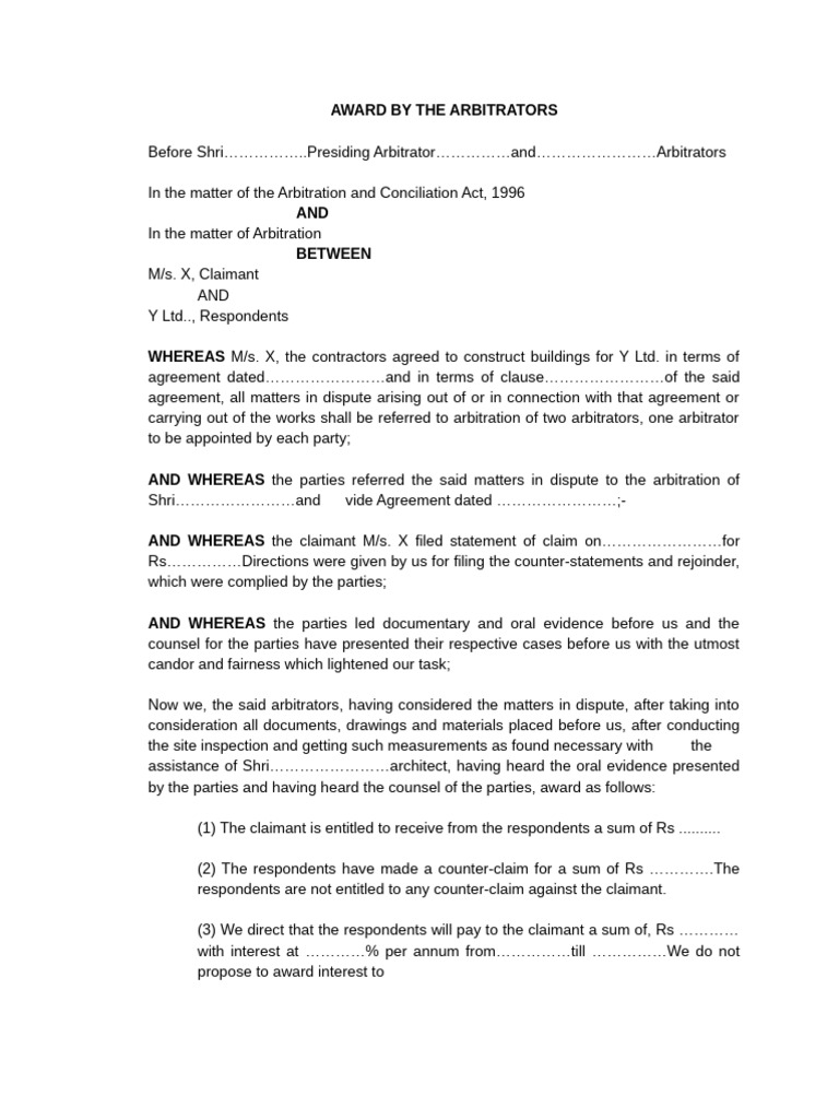 Arbitration Award Summary for M/s. X vs Y Ltd. | PDF | Arbitral ...