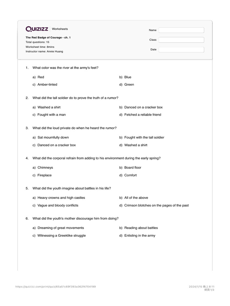 Red Badge of Courage Chapter 1 Quiz | PDF