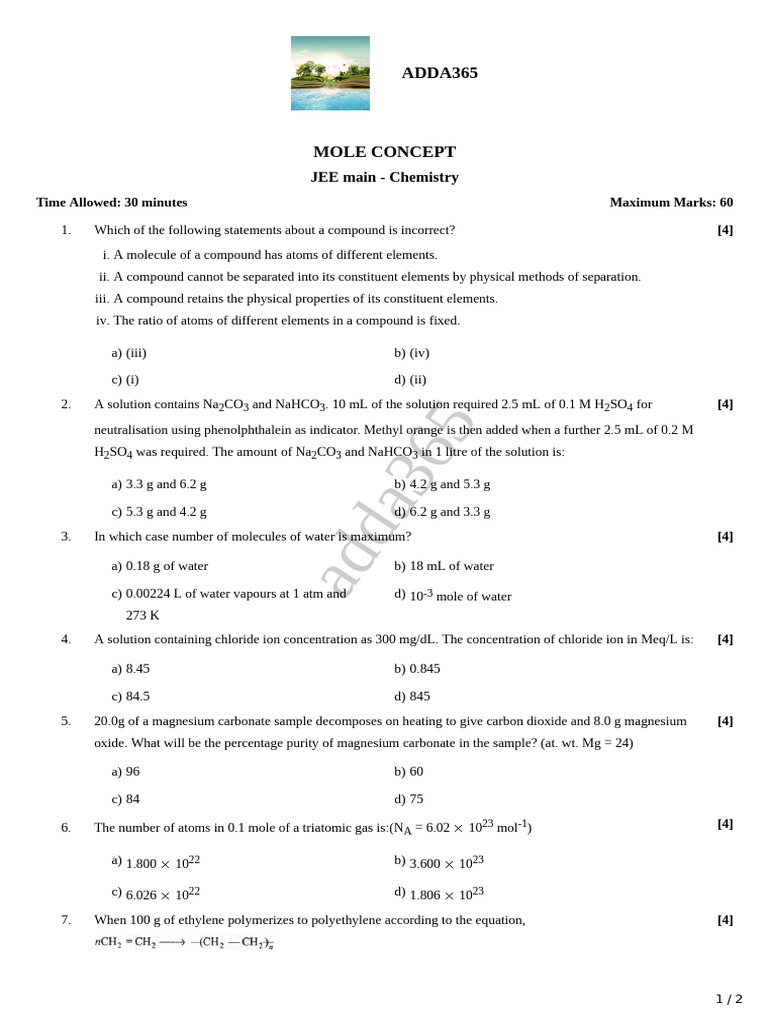 Mole Concept | PDF | Chemical Compounds | Magnesium