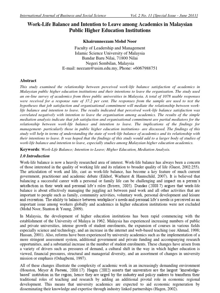 Work-Life Balance and Intention To Leave Among Academics in Malaysian ...