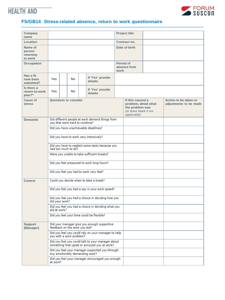 Stress-Related Absence Questionnaire | PDF | Occupational Safety And ...