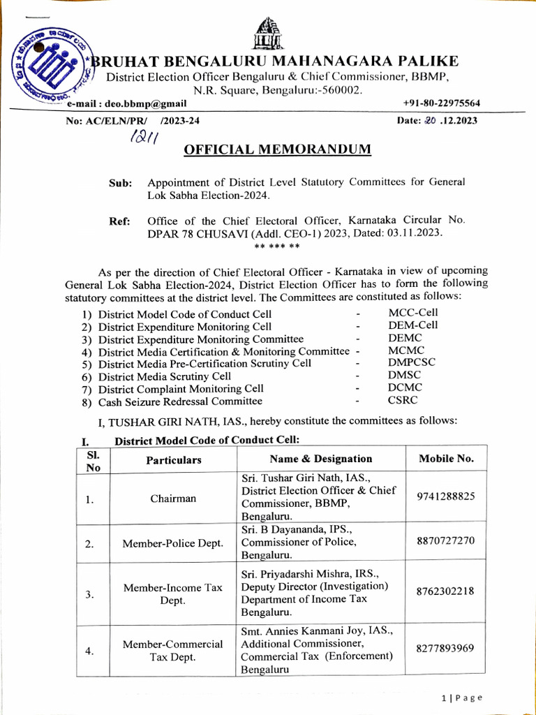 Bengaluru Election Statutory Committees | PDF | Government | Governance