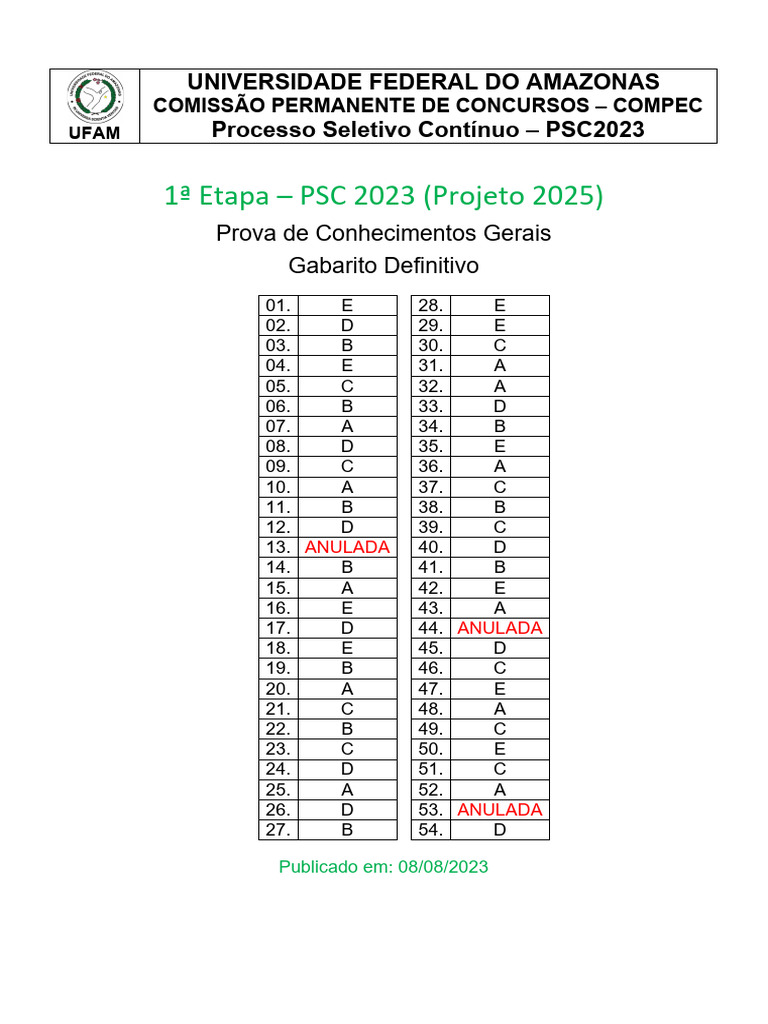 Gabarito Definitivo PSC 2023 1ª Etapa | PDF