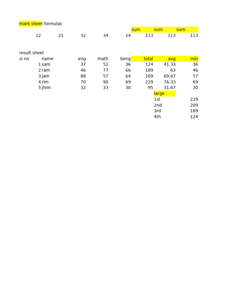 Excel Marksheet Practice Template | PDF