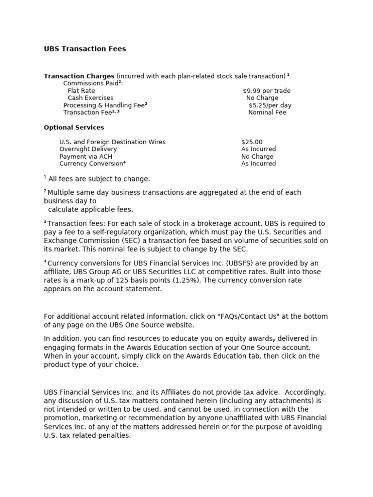 UBS Transaction Fee Overview | PDF | Stocks | Securities (Finance)