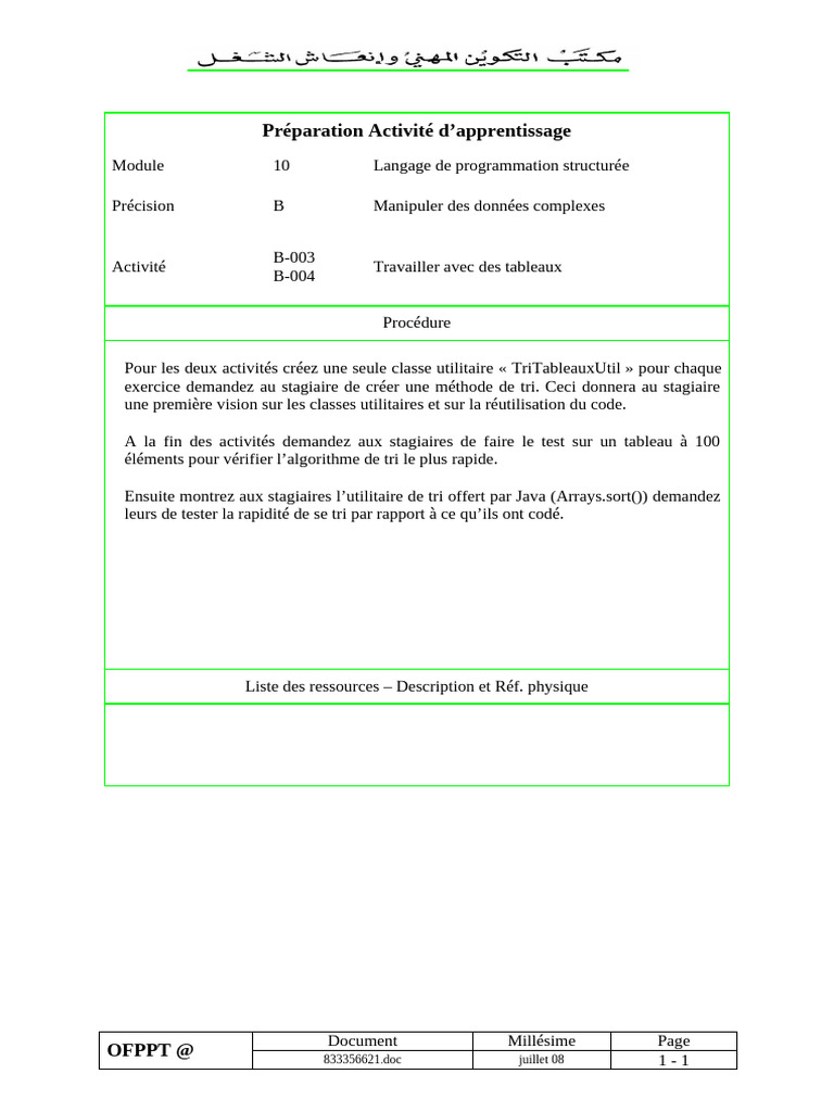 Tri de tableaux en Java : Activité pratique | PDF