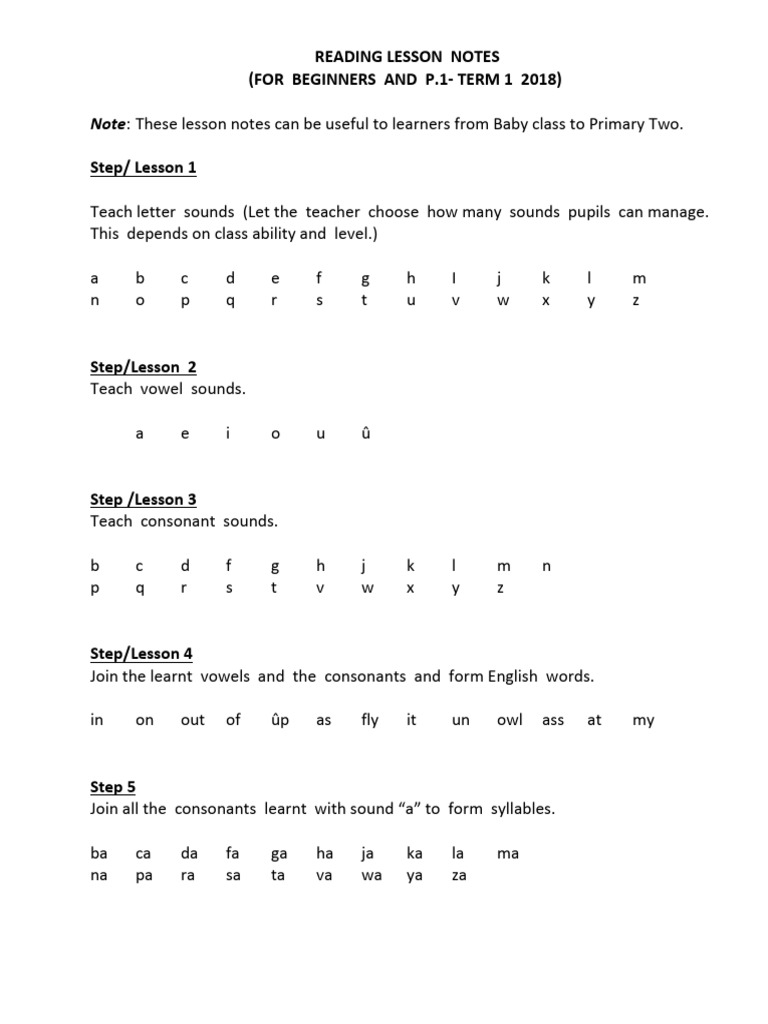 Beginner Reading Lesson Notes | PDF | Phonetics | Linguistics