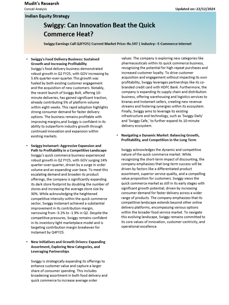 Swiggy Concall Analysis Q2FY25 | PDF | Taxes | Expense