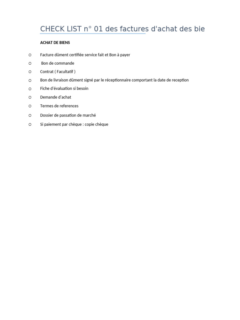 Check-list des factures d'achat | PDF | Chèque
