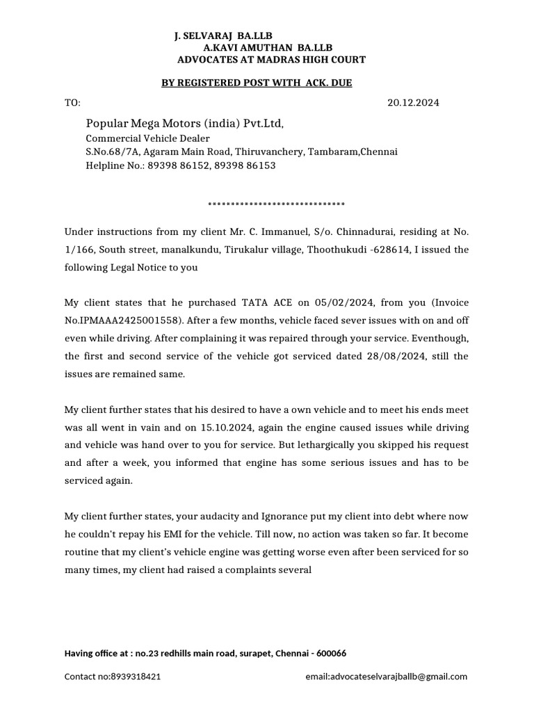 Legal Notice for Defective Vehicle | PDF