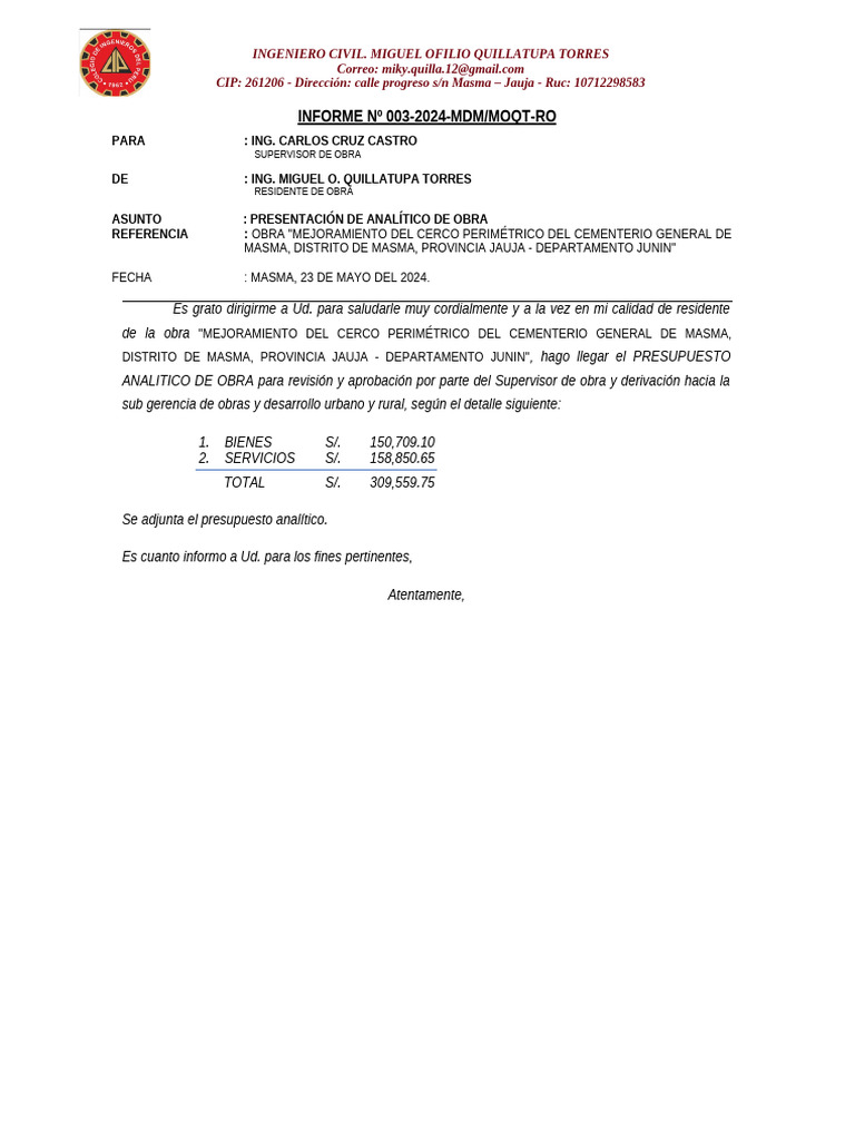 Analítico de Obra Cementerio Masma | PDF
