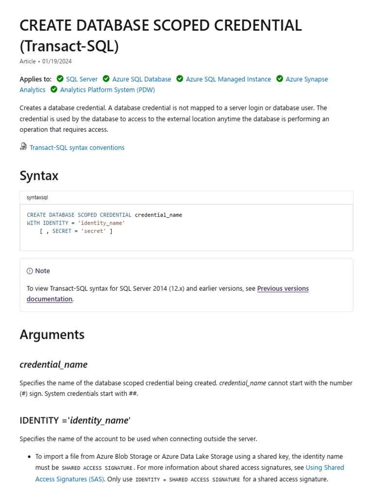 Create Database Scoped Credential | PDF | Databases | Microsoft Sql Server