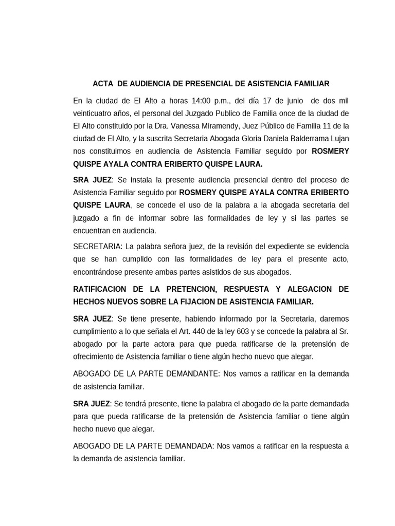 Acta de Audiencia de Asistencia Familiar | PDF | Justicia | Crimen y ...