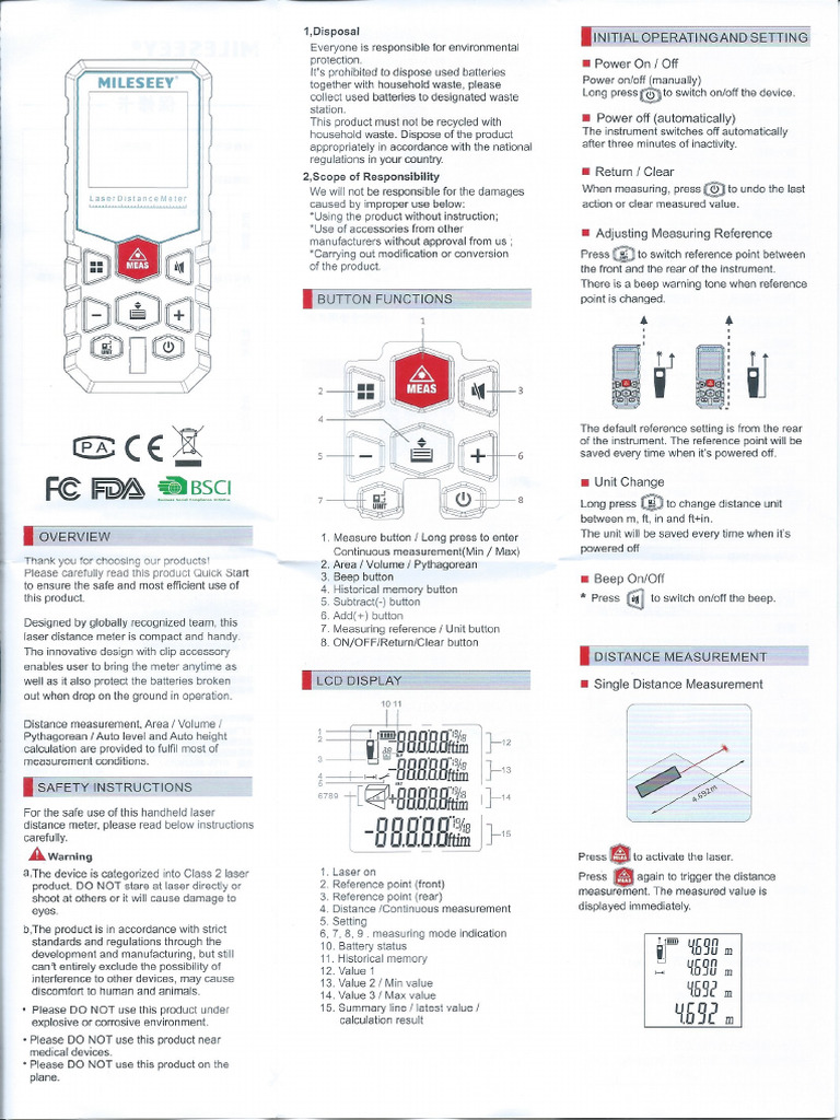 Mileseey Laser Distance Meter Guide | PDF
