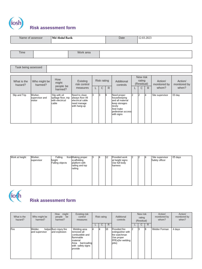 Risk Assessment Form for Workplace Hazards | PDF | Safety ...